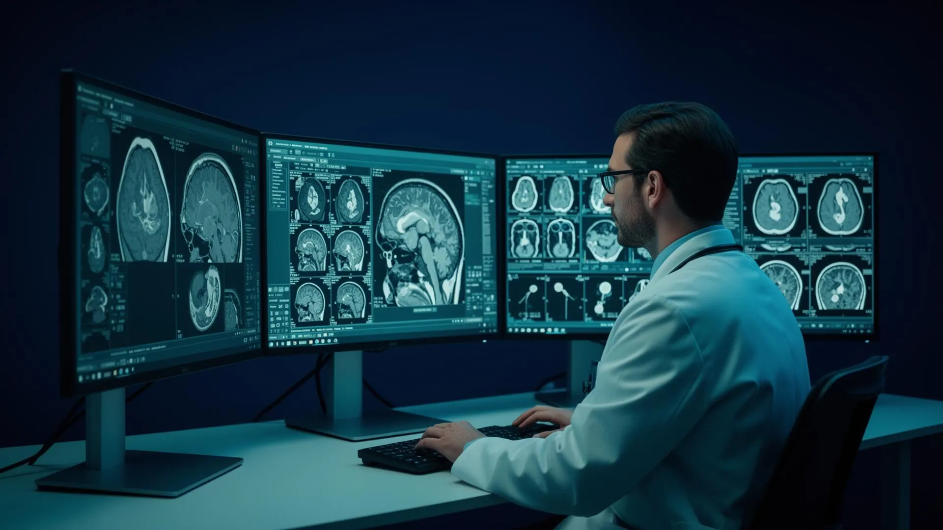 Radiologista analisando exames de imagem em estação de telerradiologia